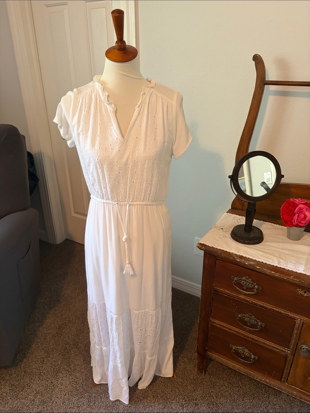 Sonoma White Eyelet Maxi Dress with Tassel Waist